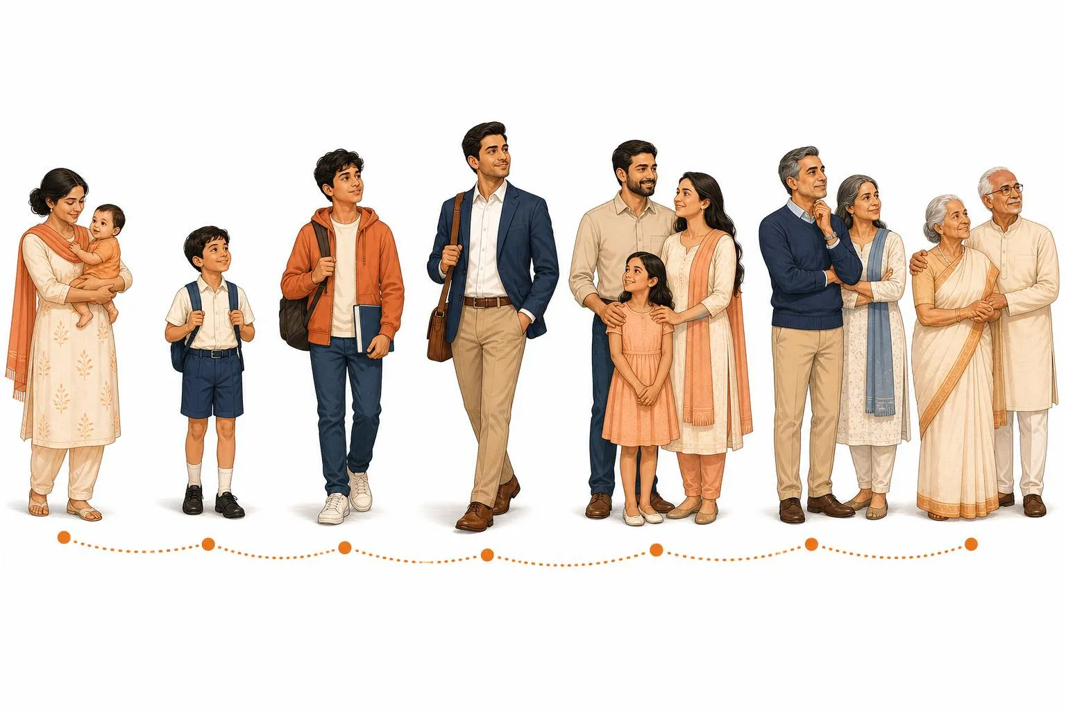 Illustrated life journey from early years to retirement